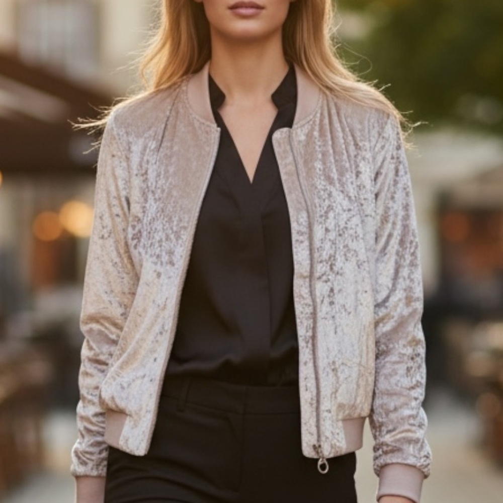 Summer Crushed Velvet Bomber Jacket 
Soft Pink Champagne Size Large NWT